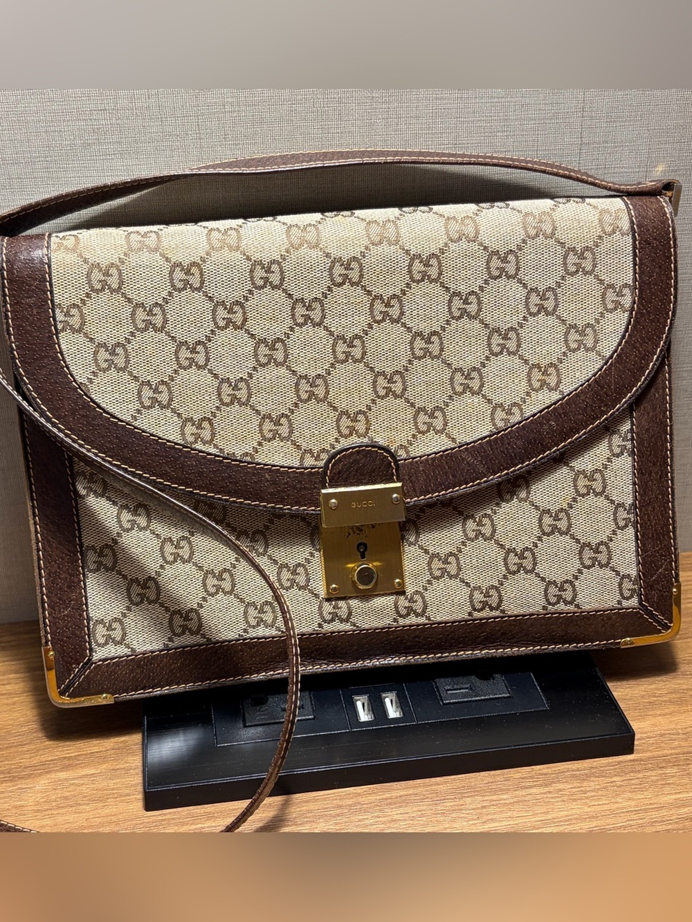 1970s Vintage Gucci Supreme GG Canvas Shoulder Briefcase with Brass Hardware